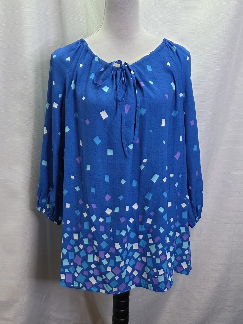 Bob Mackie Wearable Art Blue Cinched Neck Popover Blouse Size Large